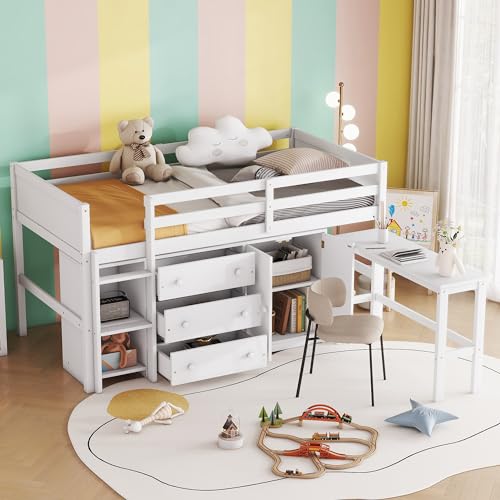 Twin Size Low Loft Bed with Pull-Out Desk,Cabinet,3 Drawers and 2 Shelves,Multifunctional Pine Wood Bed Frame W/Full-Length Guardrail,Integrated Ladder,for Kids,Boys,Girls,White
