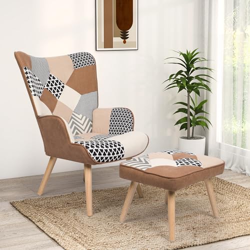 Living Room Accent Chair with Ottoman Set, Modern Reading Armchair, Comfy Chair with High Wingback, Lounge Chair with Solid Wood Legs for Bedroom, Coffee (Colorful)…