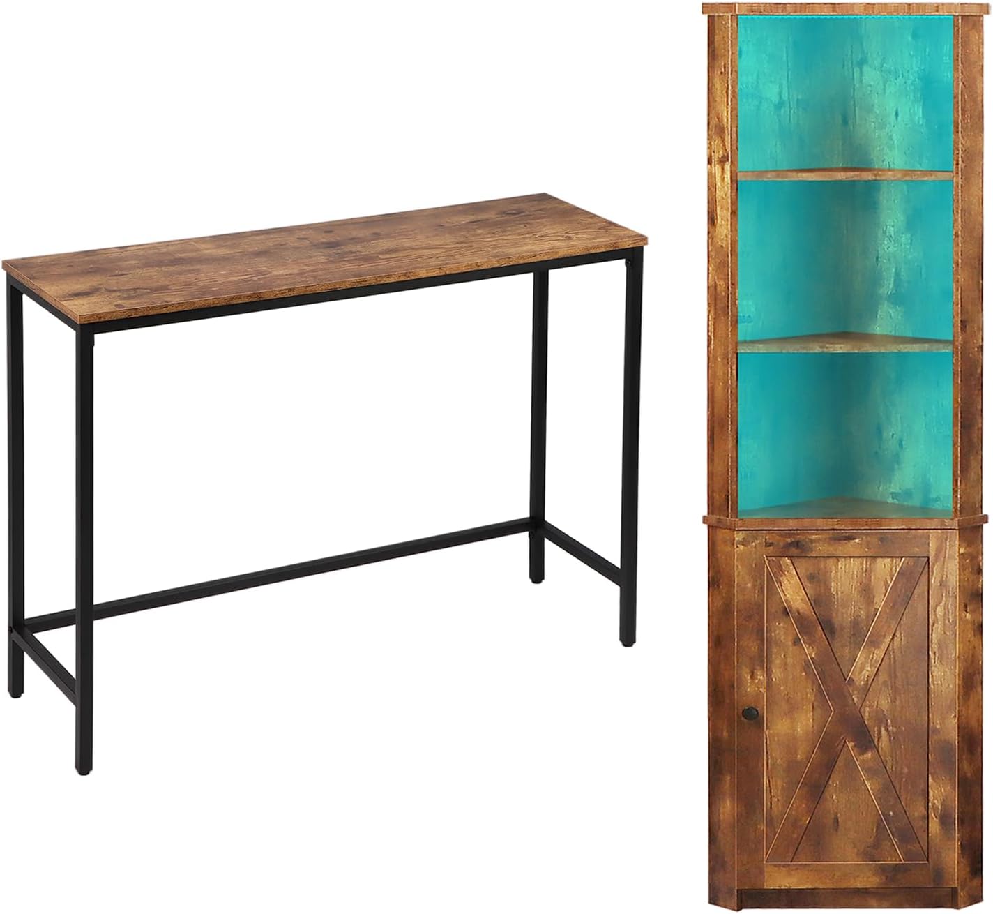 Console Table and Corner Cabinet Bundles, Hallway Entrance Table, Tall Corner Shelf with LED Lights and Doors, for Living Room, Small Space, Rustic Brown