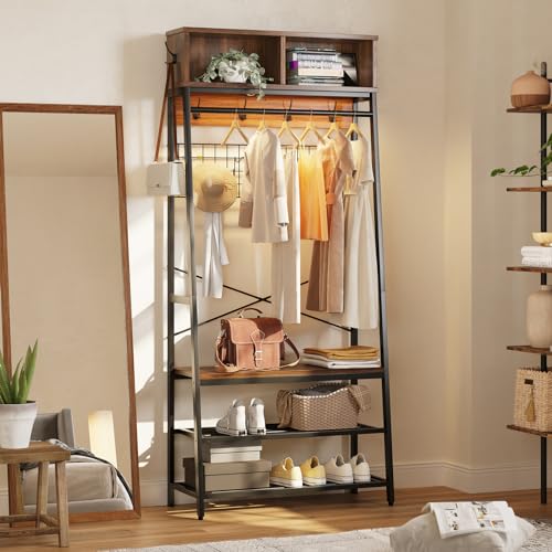 Bestier 5-in-1 Entryway Coat Rack, Hall Tree with LED Lights, Coat Rack with Bench and Shoe Storage, Large Size Coat Rack Freestanding with Sturdy Metal Frame (Walnut)