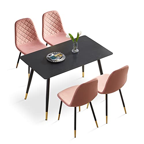 NORDICANA 5-Piece Dining Table Set, 47 in Modern Rectangle Kitchen Table & 4 Pink Velvet Upholstery Side Chairs, Metal Legs, Dining Room Set for 4
