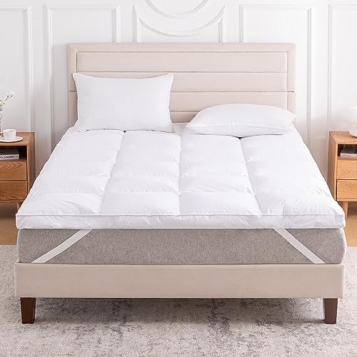 3 Inch White Goose Feather Mattress Topper,King Feather Bed Topper,Mattress Cover with Straps,Ultra Soft Pillowtop,100% Organic Cotton Fabric(78”x80”)
