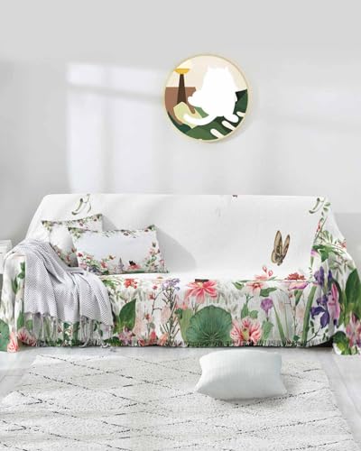 Couch Covers for Cushion Sofa, Spring Floral Sofa Protector for 2 Cushion Couch Dog Seat Cover, Watercolor Elegant Botanical Butterfly Tassel Sofa Covers for Sectional Slipcovers, L-71