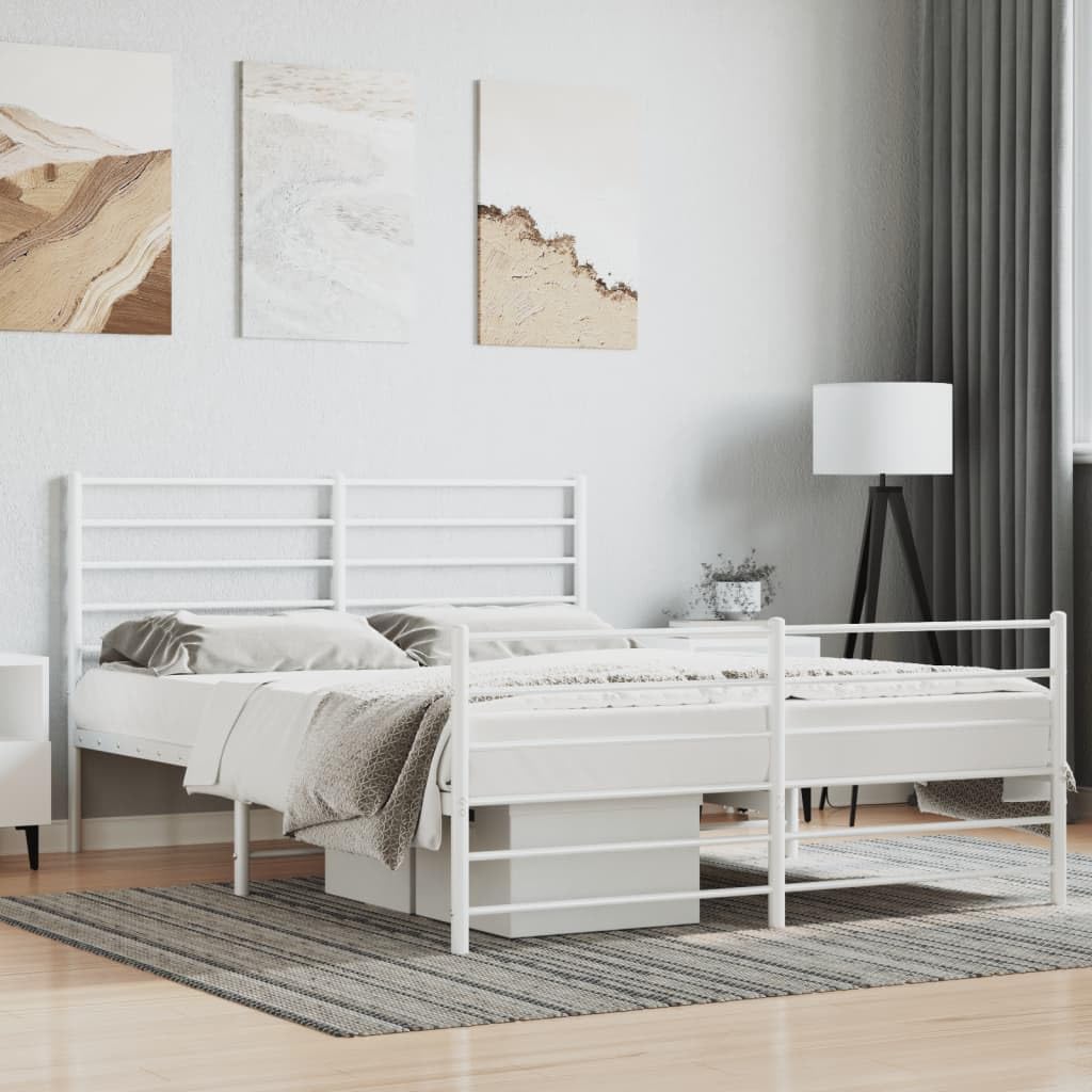 vidaXL Sturdy and Elegant Metal Double Bed Frame with Headboard, Footboard and Extra Under-Bed Storage Space, Powder-Coated Steel Construction, White