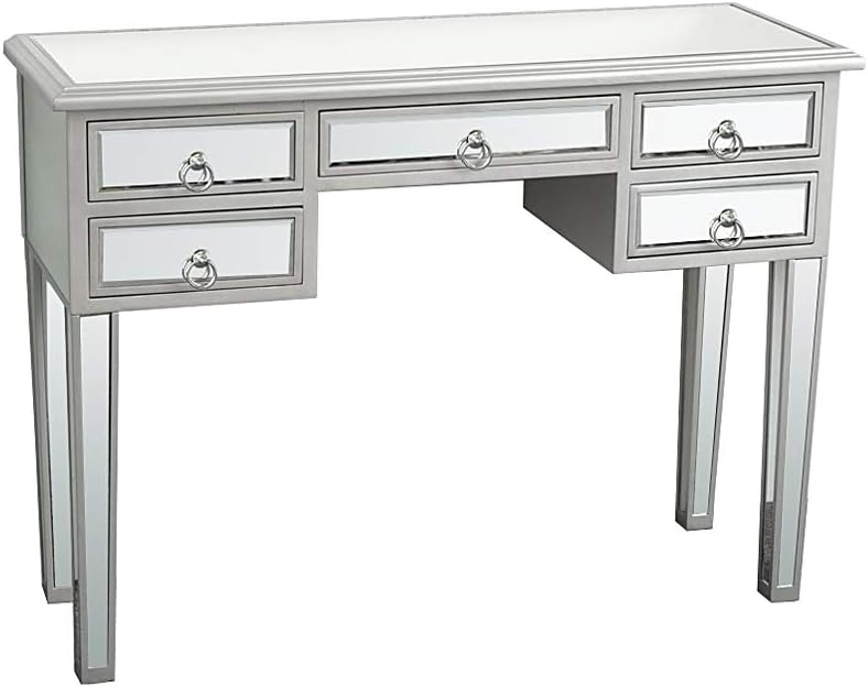 Goujxcy Mirrored Desk Console Table,Unique Modern Decorative Design Mirrored Desk Home Console Table Bedroom Vanity Make-up Table with 5 Drawer,Silver
