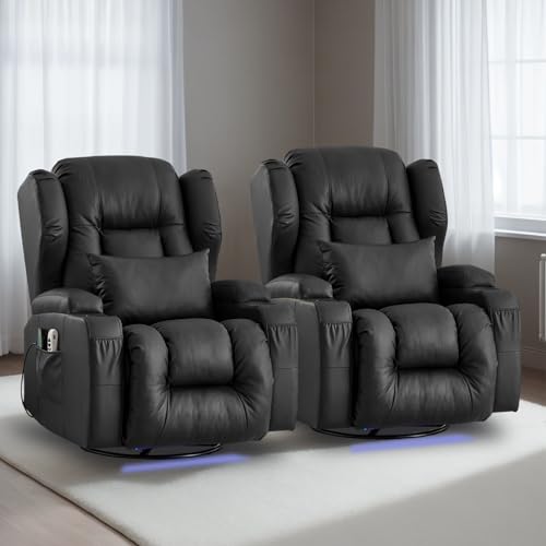 Power Recliner Chair, Velvet Fabric Swivel Rocking Chair with Vibrating Massage and Heating Nursery Glider Chair for Living Room, Home Theater Seating with Ambient Lighting(Single, Brown)