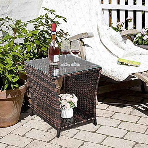 HomVent Patio Wicker Rattan Side Table, Outdoor Square Tempered Glass Top Rattan Coffee Table End Table Furniture with Storage for Patio Courtyard Balcony (Black)