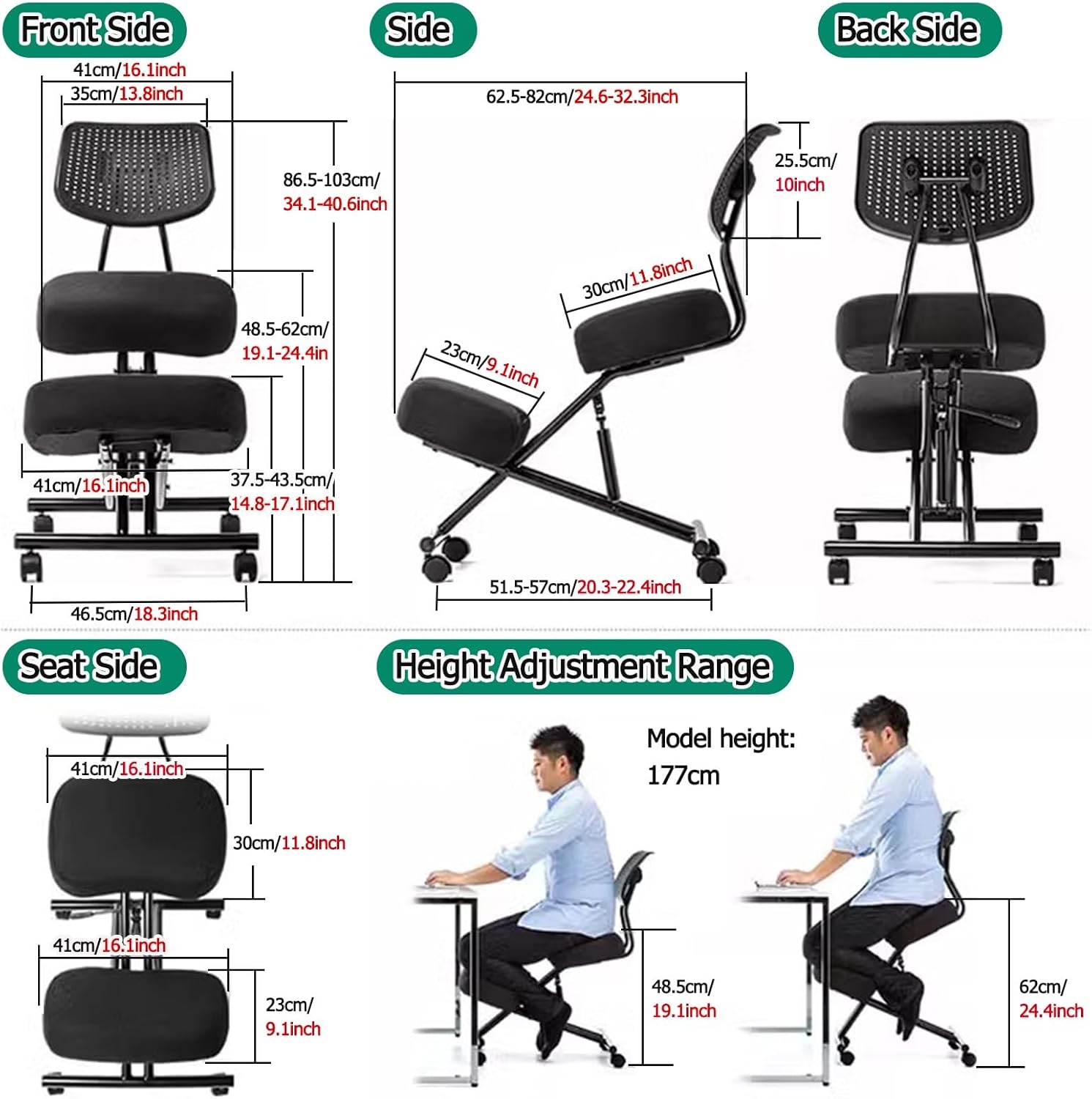 Ergonomic Kneeling Chair, Home Office Desk Stool for Active Sitting, with Comfortable Cushions & Rolling Wheels & Back Support, Office Chair for Back Pain