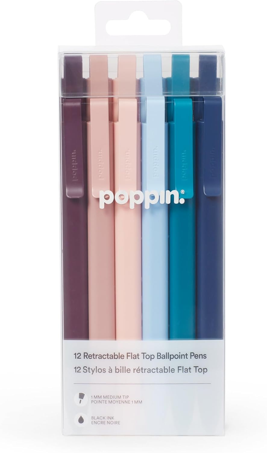 Poppin Flat Top Ballpoint Pens, Set of 12 Retractable Ballpoint Pens in Assorted Colors with Black Ink, Medium 1mm Tip, Unique Flat Top Design, Powder Coated Matte Finish