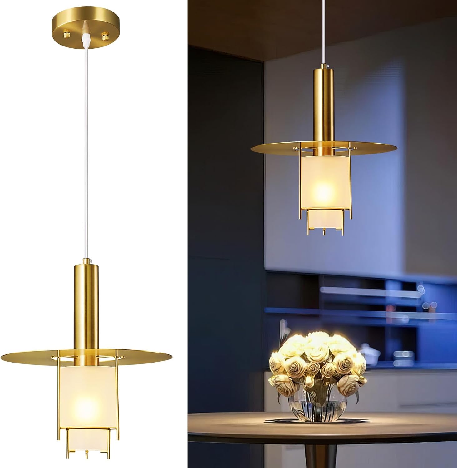 Pendant Light Fixtures Gold Adjustable Modern Pendant Lights for Kitchen Island, Industrial Glass Pendant Lights for Dining Table Hallway Bedroom Living Room