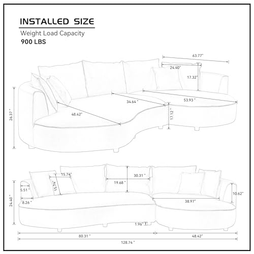 Luxury 2-Piece Left Facing Cloud Sectional Sofa for Living Room, Oversized L-Shaped Convertible Eco-Leather Upholstered Couch Leisure Curved Sleeper Sofa&Couch W/Right Chaise Daybed &7 Pillows