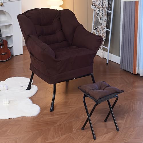 Modern Lazy Chair with Ottoman, Accent Contemporary Lounge Chair Single Steel Frame Leisure Sofa Chair with Armrests and Side Pocket, Reading Chair for Living Room & Bedroom, Grey (Red)