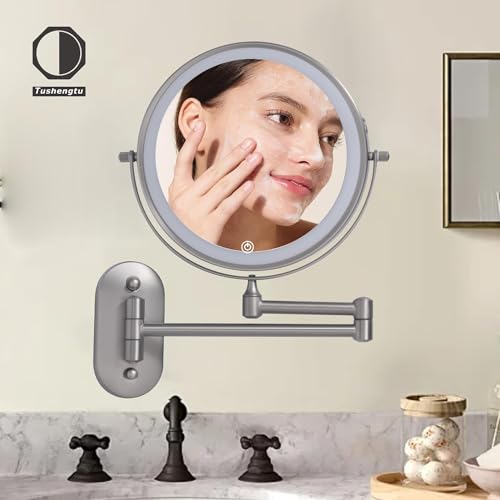 9 Inch Large Rechargeable Lighted Makeup Vanity Mirror Wall Mounted, 1X/10X Magnifying Mirror with Light for Bathroom 3000mAh USB Charging, Chrome Wall Mounted Mirror Swing Arm with 3 Light for Makeup