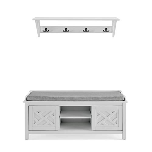 Alaterre Furniture Coventry Coat Hook & Storage Bench Hall Tree Set, Gray, Tool Organization For Entryway, Mudroom, Laundry Room, 4 Double Hooks, 3 Cubbies, 2 Sliding Doors, Traditional, Modern