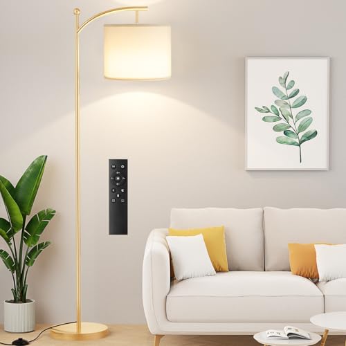 Ambimall Floor Lamp with Remote Control and Stepless Dimmable Bulb, Colors Temperature & Brightness Adjustable, Modern Floor Lamps for Living Room（Beige Shade & Brown Pole）