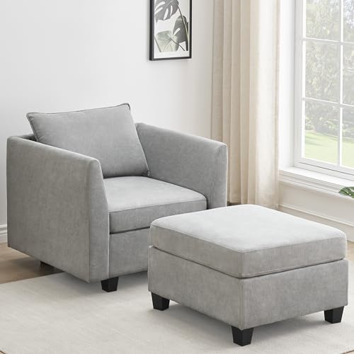 IDEALHOUSE Accent Chair with Ottoman Modern Linen Armchair with Footrest Ottoman Reading Chair with Ottoman for Living Room(Light Grey)