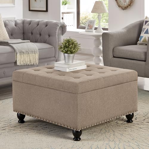 Upholstered Square Ottoman, 30 Inch Linen Fabric Button Tufted Storage Ottoman with Wooden Legs Coffee Table with Nail Trims 4 in 1 Storage Chest Footrest Padded Seat End Table, Khaki