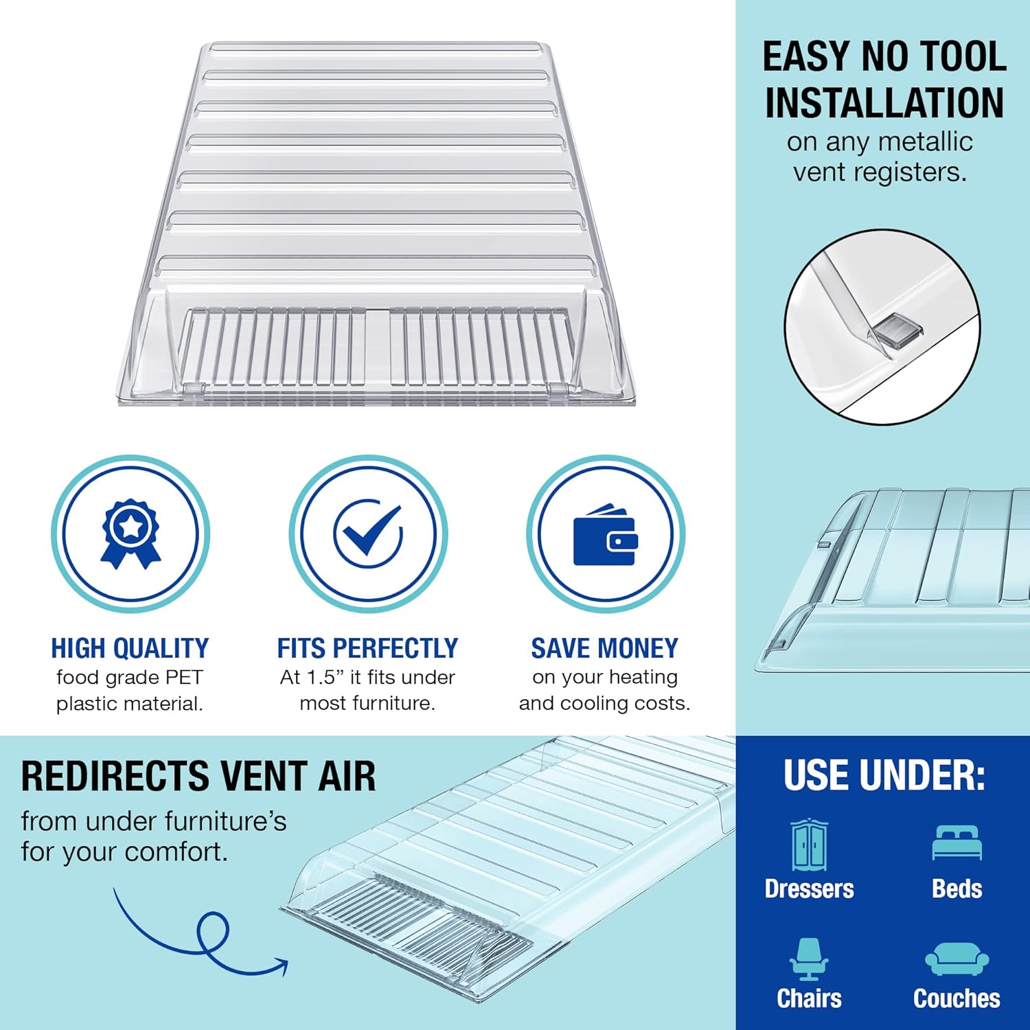 Magnetic Air Vent Extender for Under Furniture, Improved Stronger Plastic Material, Fits Floor Registers Up to 14