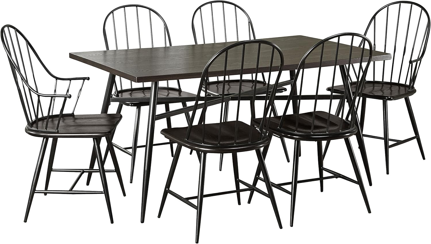 7 Piece Mixed Media Windsor Dining Set with 4 Dining Chairs, 2 Arm Chairs, and 1 Dining Table, Espresso/Black