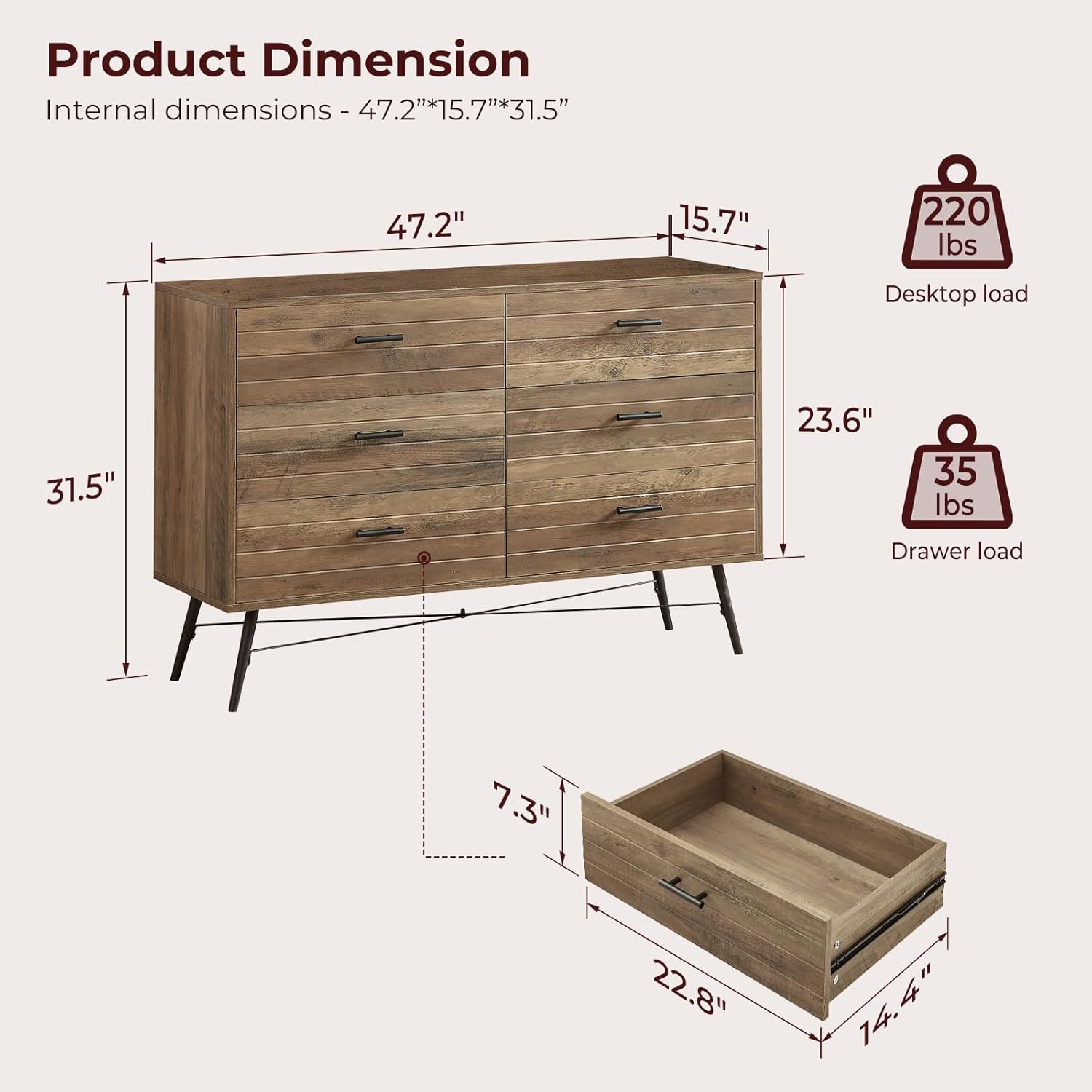 Walnut Dresser for Bedroom with 6 Drawers, Wide TV Stand, Modern Chest of Deep Cabinets and Wooden Top, Perfect for Living Room Storage, 47.2