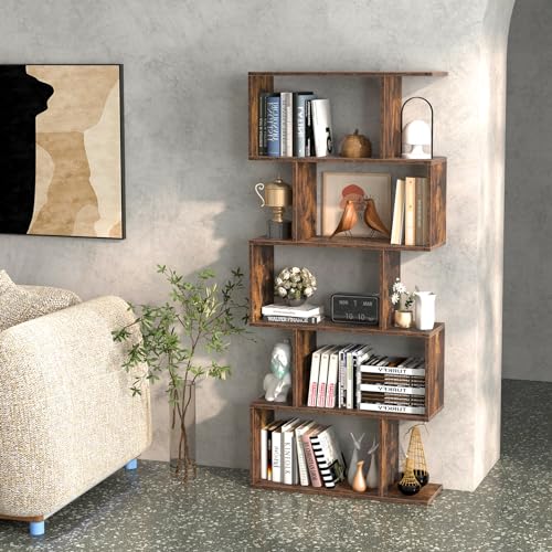 5 Tier Geometric Bookshelf, S-Shaped Open Bookcase with Anti-Toppling Device, Industrial Freestanding Display Rack, Home Storage Organizer Room Divider for Living Room, Bedroom