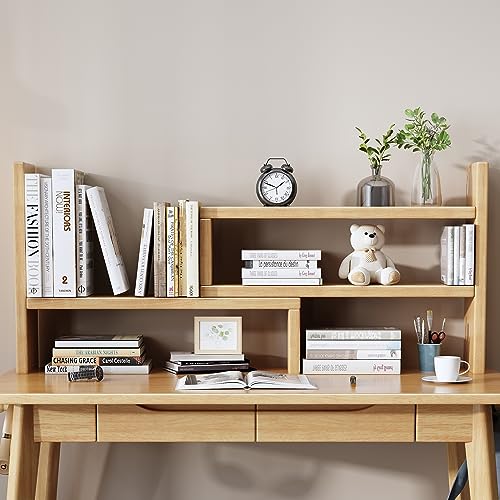 Desktop Shelf Desk Hutch Desktop Shelves Cubicle Shelf Adjustable Rubber Wood Small Bookshelf Office Supplies Desk Organizer and Accessories Display Rack（White）