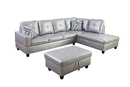 Light Luxury Living Room Sofa Three-Piece Set Artificial Leather Sofa Set Ottoman Storage Chair Reclining Bench (Right Facing, Ivory White & Black,F09519)