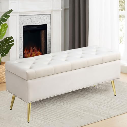 Storage Ottoman Bench, Storage Ottoman with Large Storage, Storage Bench, 13 x 47 x 16 Inches, Entryway Bedroom Bench, End of Bed Bench, Hinges Easy Lid Operation, Metal Legs, Loads 330 lb