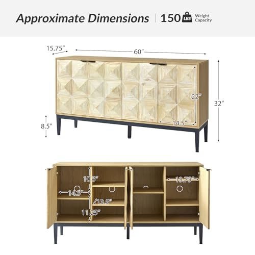 HULALA HOME Wood Storage Modern Sideboard Buffet Cabinet with Black Metal Legs, Sideboard with Adjustable Shelves and 4 Wood Doors, TV Stand, Free Standing Sideboard(Black)