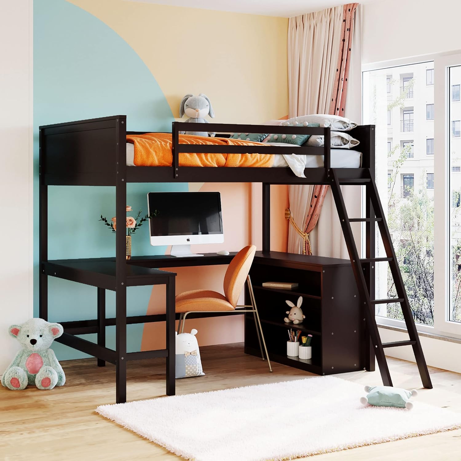 Merax Full Size Loft Bed with Desk, Wooden Full Loft Bed Frame with Ladder & Shelves, Espresso
