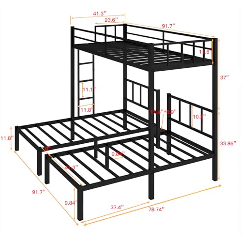 Twin-Over-Full Metal Bunk Bed,Heavy Duty Bunk Beds Frame w/Enhanced Upper-Level Guardrail and Ladders for Kids/Teen/Adults,Metal Floor Bunk Bed