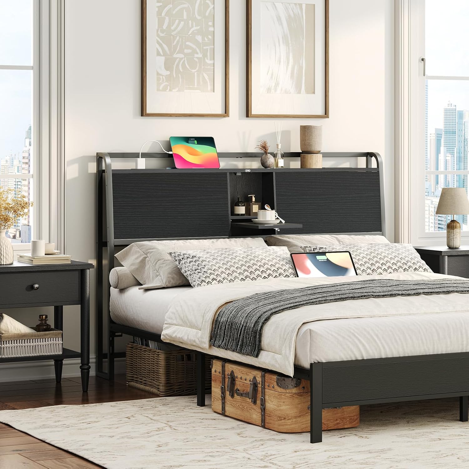 Headboard Queen Size, Headboard with 4 Outlets and 4 USB Ports Side Table, End Table with Charging Station ETHR79E01-HBHB191E01