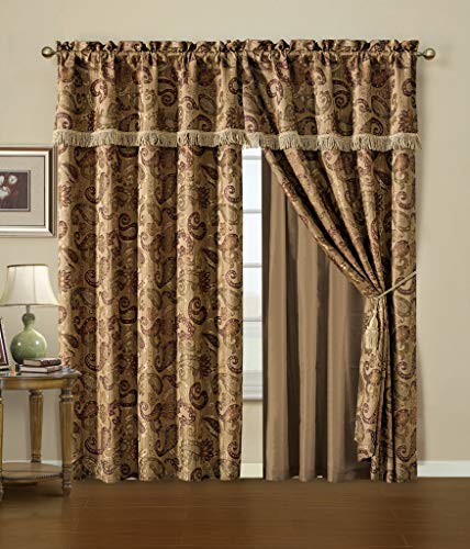 Chezmoi Collection Seville 4-Piece Jacquard Gray Black Medallion Paisley Window Curtain/Drape Set Sheer Backing, Tassels, Valance