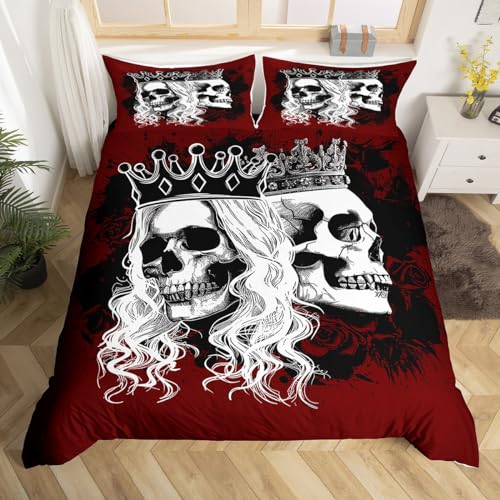 Manfei Skeleton Couple Duvet Cover Set Full Size, Gothic Skull Comforter Cover with 2 Pillowcases, Purple Rose Flower Bedding Set 3pcs for Kids Girls Adults Bedroom Decor Lightweight Bedspread Cover
