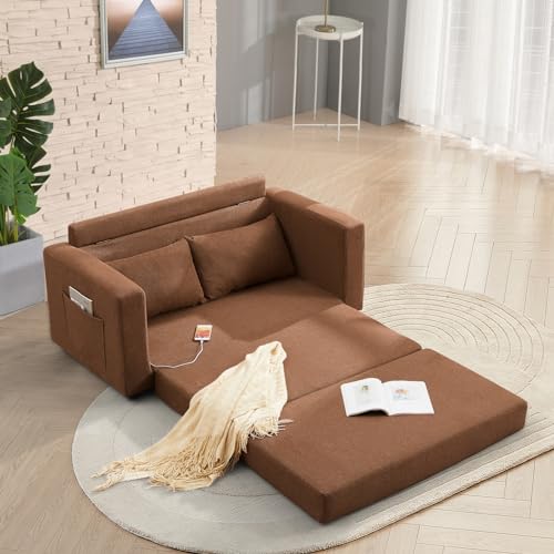 Sleeper Sofa Sleeper Futon Couch,Sleeper Chair with Side Pocket and USB Charger Port,Space Saving Couch Bed for Living Room, Bedroom, Apartment (56.69“-Corduroy, Beige)