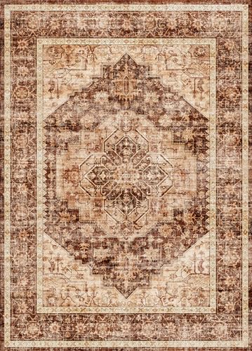 Art&Tuft Washable Rug 5x7, Area Rugs for Living Room, Anti Slip Low Pile Rug Floor Carpet, Vintage Tribal Stain Resistant 5x7 Rugs for Bedroom, Dining Room, Kitchen, Brown