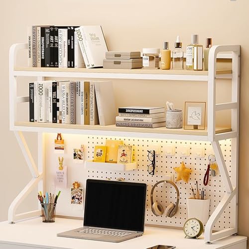 Desktop Bookshelf for Computer Desk - Metal Multipurpose Countertop Hutch Bookcase, 2 Tier Modern Pegboard Display Rack, Student Desk Books Organizer Rack, Multi-layer Trinkets Storage Rack(White,70x2