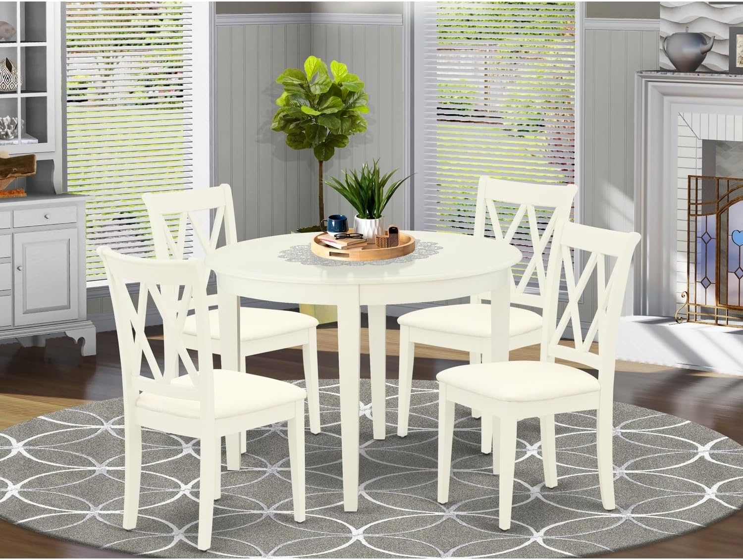 Gothic Grace 5Pc Dining Set Includes A Round Dinette Table and Four Double X Back Linen Seat Kitchen Chairs, White Finish