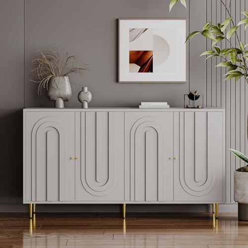 Kitchen Storage Cabinet with 4 Doors,Mid-Century Modern Console Table with Adjustable Shelves Wooden Buffet Sideboard Cabinet for Living Room, Entryway, Hallway, Office, Kitchen and Dining Room,Gray