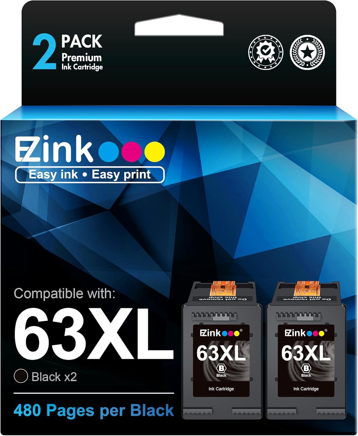 E-Z Ink (TM Remanufactured Ink Cartridge Replacement for HP 63XL 63 XL to Use with Officejet 3830 5255 5258 4650 4655 3833 5222 Envy 4520 4512 Deskjet 3632 1112 3637 3630 3634 Printer (2 Black)