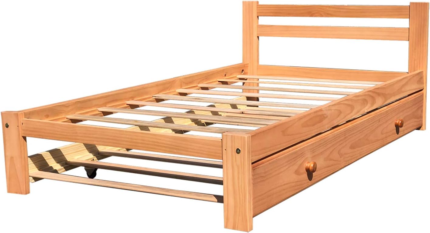 Amazonas Honey Pine Finish Twin Bed & Trundle Solid Pine Wooden Trundle Bed Hardwood Slats Support Suitable for Boys Girls Kids Bedroom Wooden Bed Frame