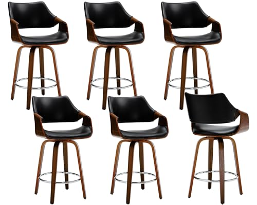 26’’ Modern Barrel Swivel Counter Stools Counter Height Swivel Bar Stools with Backs Set of 4 Black Faux Leather Upholstered Bar Height Island Chairs, Farmhouse Walnut Wood Barstool for Kitchen Island