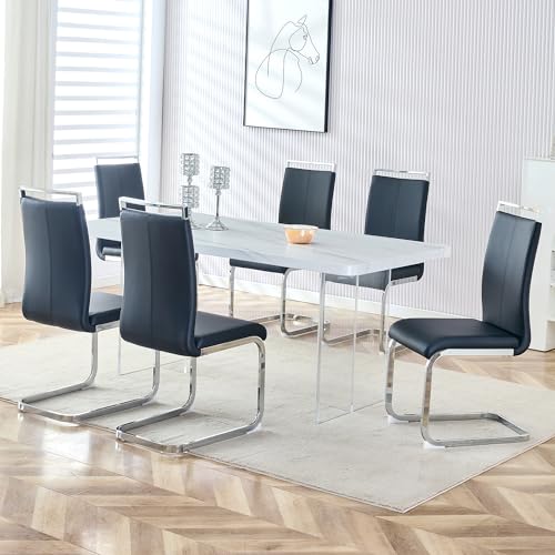 66”Modern Dining Table Set for 6,Dining Table for 6 with Chairs,Rectangular Kitchen Table with Acrylic Legs and Armless Crystal Chair for Dining Room,Kitchen,Restaurants
