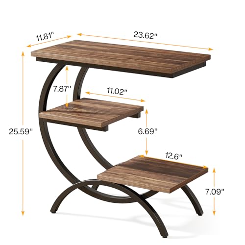 C-Shaped Side Table, Dark Brown Industrial 3-Tier End Table, Modern Bedside Table with Storage Shelves for Living Room, Bedroom (Dark Brown)