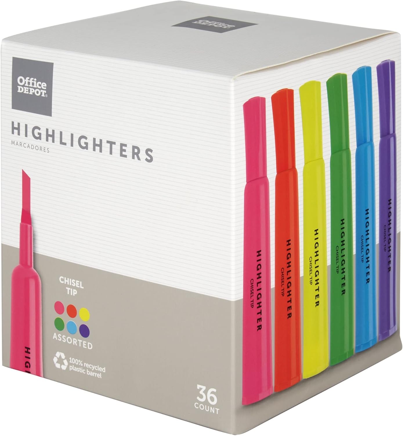 Office Depot® Brand Chisel-Tip Highlighter, 100% Recycled Plastic Barrel, Assorted Fluorescent Colors, Pack Of 36