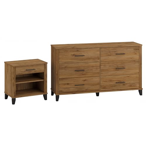 Bush Furniture Somerset Bedroom 6 Drawer Dresser and Nightstand Set, Fresh Walnut