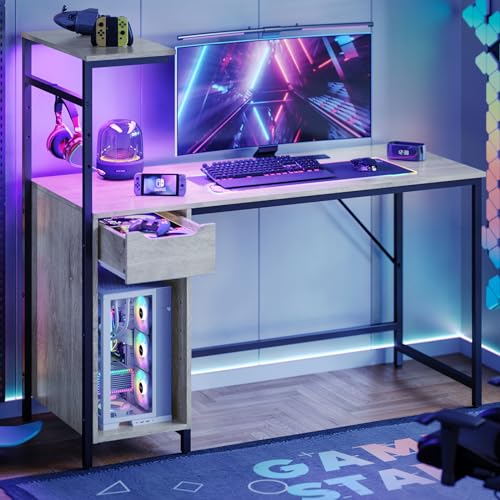Bestier Gaming Desk with Drawer and LED Lights, 48 inch Computer Desk PC Table with Adjustable Storage Shelves & Hook for Home Office, Carbon Fiber White
