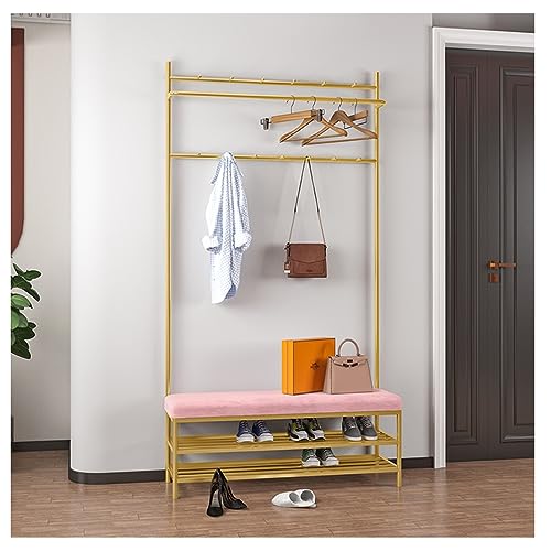 Entryway Coat Rack Shoe Bench Hall Tree Floor Drying Rack Iron Wrought Hallway Furniture With Hooks 2 Storage Shelf For Clothing Store Home Bedroom (Color : Black+grey, Size : 120x