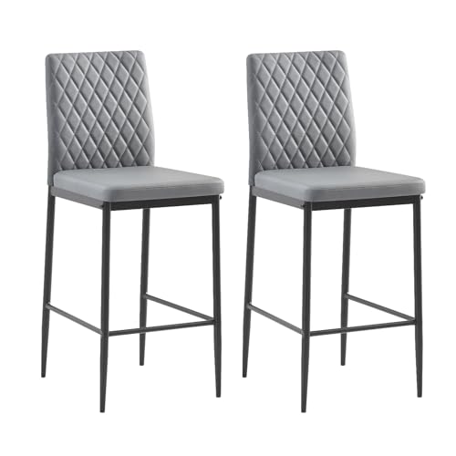 Modern Simple Bar Stools Set of 2, Fireproof Leather Counter Stools with Black Metal Legs and Backrest Armless Dining Chairs for Kitchen Pub Living Room, Dark Grey