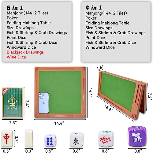 drizzle Travel Mahjong Set 6 in 1 with Mahjong Table - 146 tiles Portable Size Mah-Jongg - Poker Size Drawings Fish & Shrimp & Crab Drawings Blackjack Drawings - Travel Board Games Dormitories 旅行麻将